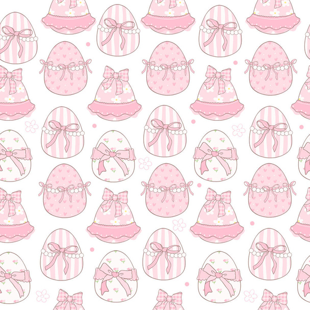 Coquete Páscoa sem costura padrão de Páscoa ovos em tema rosa com fita arco desenho do doodle mão desenhos animados. - Vetor, Imagem