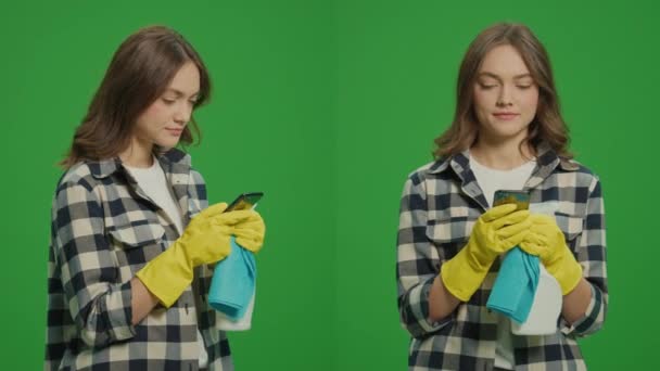2-in-1 Split Green Screen Montage.A Onnellinen nuori nainen keltaiset käsineet ja puhdistus Spray pullo ja räsyllinen, iloitsee onnistumisesta puhelimessa.Decluttering Hacks. - Materiaali, video