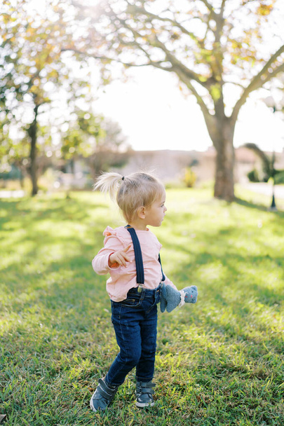 Κοριτσάκι με ένα μαλακό παιχνίδι στο χέρι στέκεται μισάνοιχτο σε ένα πράσινο γκαζόν. Υψηλής ποιότητας φωτογραφία - Φωτογραφία, εικόνα