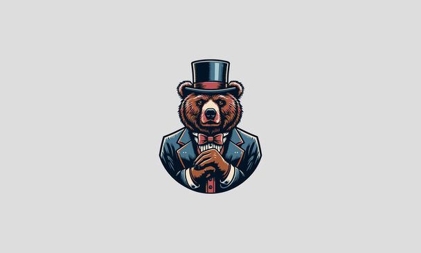 urso usando chapéu superior e design de mascote vetorial terno - Vetor, Imagem