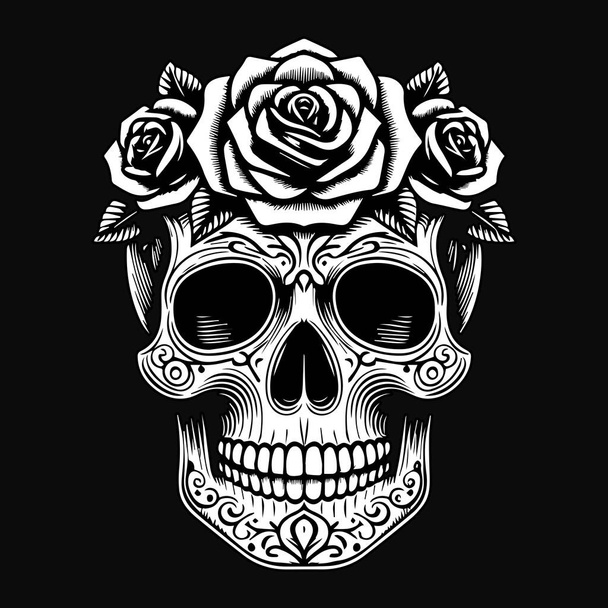 Tête de crâne d'art foncé avec illustration en noir et blanc - Vecteur, image
