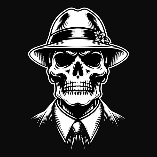 Dark Art Skull Cabeza de mafia con sombrero y cuello Ilustración en blanco y negro - Vector, imagen