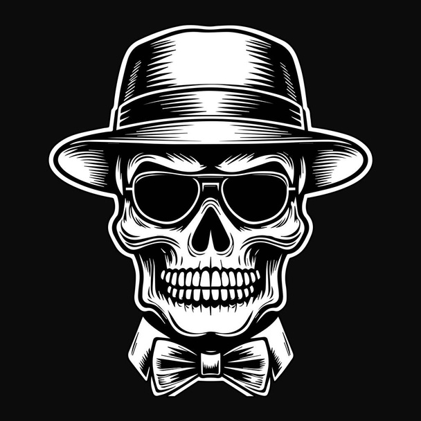 Σκούρο κεφάλι της μαφίας τέχνη κρανίο με καπέλο και κολάρο μαύρο και άσπρο εικονογράφηση - Διάνυσμα, εικόνα