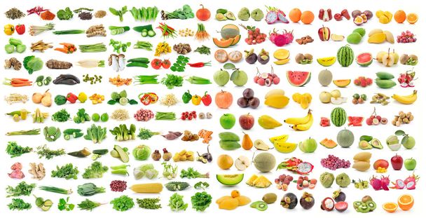 joukko vihanneksia ja hedelmiä valkoisella taustalla
 - Valokuva, kuva