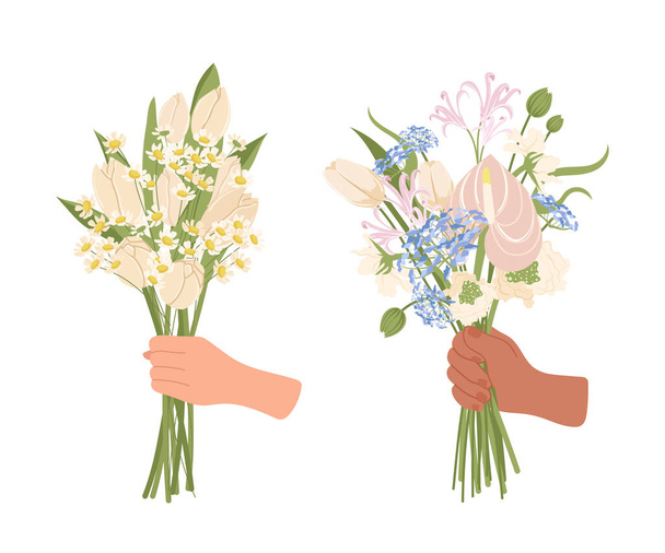 Квіти букети в руках людини для відправки любові і романтичних відносин ізольовані на білому тлі. Стовбур дикої квітки, декоративні квіткові квіти для подарунка і сьогодення Векторні ілюстрації - Вектор, зображення