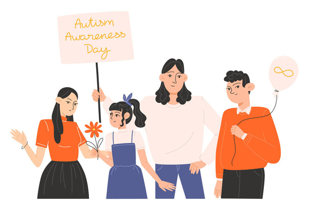 Группа людей, стоящих вместе с плакатами и символами Дня осведомленности об аутизме - Вектор,изображение