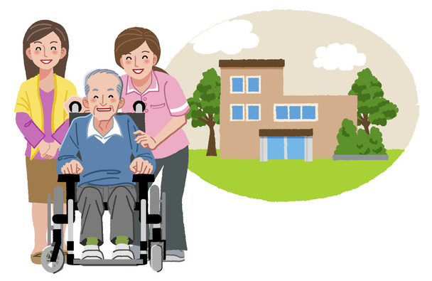 Iloinen vanha mies pyörätuolissa perheensä ja sairaanhoitajan kanssa
 - Vektori, kuva