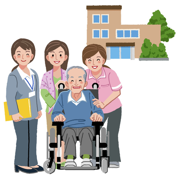 Smiling senior man with caregivers - Vector, Image