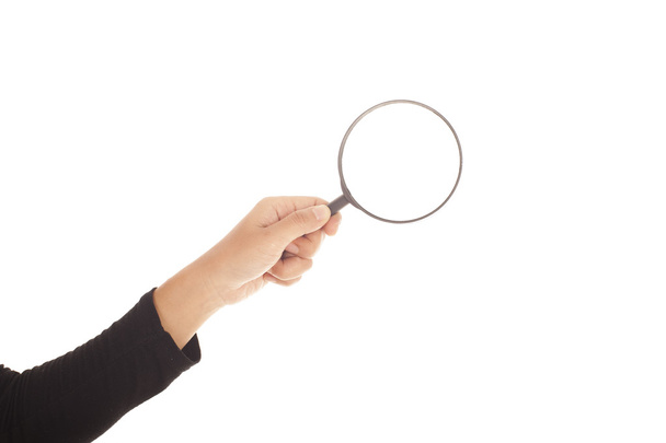 Hand holding magnifying glass isolated on white background - Photo, Image
