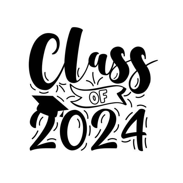 Klasa 2024 - typografia z czapką absolwenta. Projekt wektora narysowanego ręcznie. - Wektor, obraz