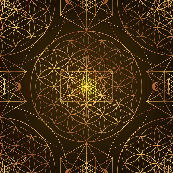 Wzór symbolu świętej geometrii. Ilustracja wektora. Mistyczny ezoteryczny Kwiat Życia. Złote Nasienie Życia. Kwiat lotosu Mandala na czarnym tle - Wektor, obraz