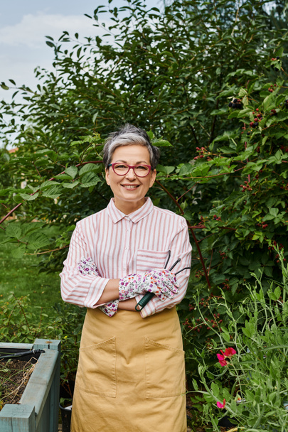 jolly mature woman in casual attire with glasses holding rakes for gardening and smiling at camera - Foto, imagen