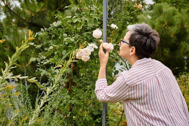 atractiva mujer madura alegre con gafas en traje casual oliendo rosas mientras está en su jardín - Foto, Imagen