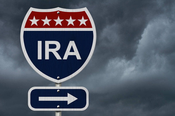 American IRA Highway Road Sign, Red, White and Blue American Highway Sign with words IRA with stormy sky background - Photo, Image