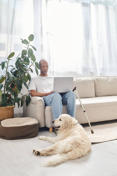 Інвалідний афроамериканський чоловік з міастенією гравіс сидить на дивані з ноутбуком поруч зі своїм вірним собакою Лабрадором. - Фото, зображення