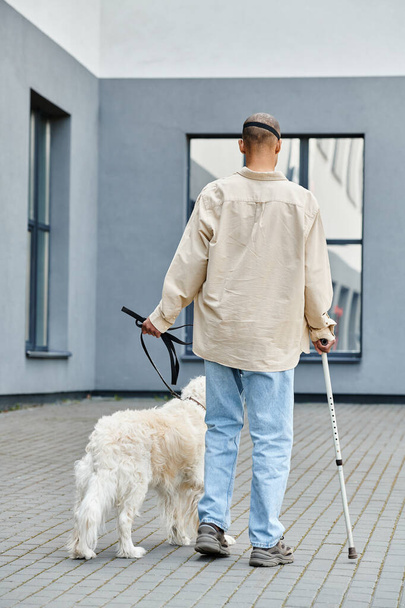 Un hombre afroamericano pasea con gracia a su perro labrador, mostrando diversidad e inclusión. - Foto, imagen