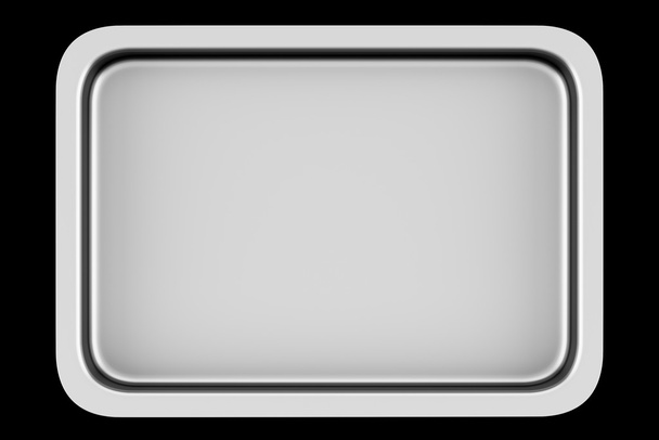 vista superior de la bandeja metálica aislada sobre fondo negro
 - Foto, imagen