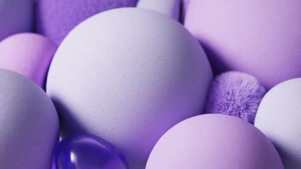 3d renderizar el diseño de movimiento abstracto animación digital color púrpura colorido textil bolas en movimiento flotante negocio de la moda fondo fondo papel pintado tela de algodón hilo fibra tela material metaverso - Metraje, vídeo