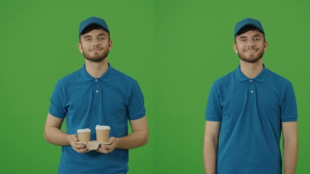 Groen scherm Portret van Handsome Food Levering Persoon in Uniform Holds Holding Take Away Pizza Boxes and Coffee, Smiles. Werknemer brengt Fast Food naar Business Office. - Video