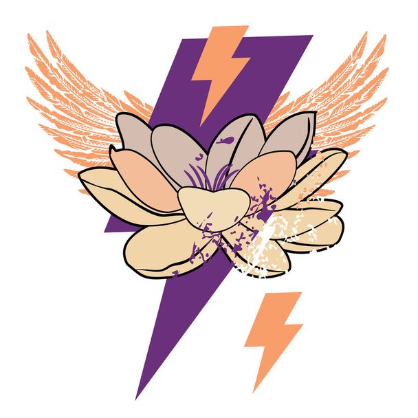 Camiseta de diseño de una flor de loto, símbolo del rayo y dos alas en colores violeta y naranja sobre fondo blanco. - Vector, Imagen