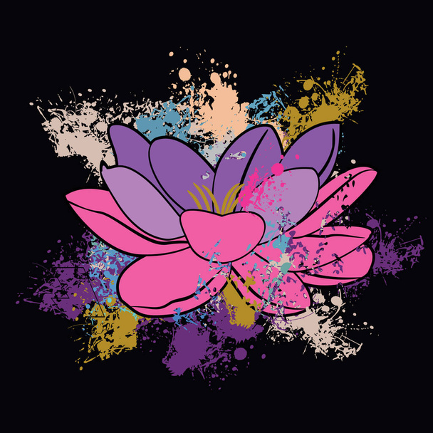 Camiseta con diseño de flor de loto en tonos rosados sobre fondo negro. Ilustración buena para el budismo y la cultura hindú. - Vector, Imagen