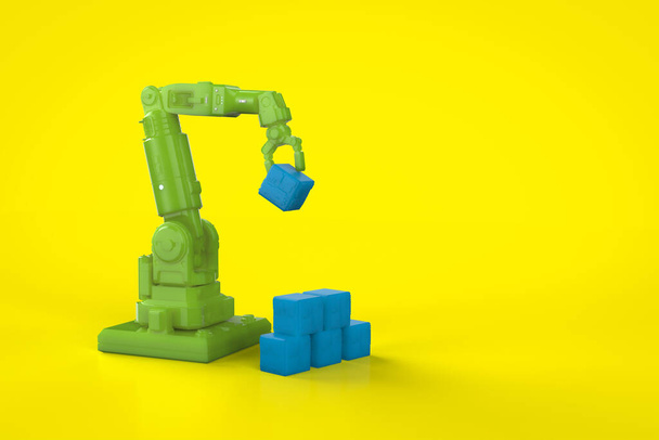 3d rendering robotarm regelen speelgoed blokken in huis 4k animatie - Foto, afbeelding