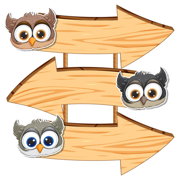 Tres búhos de dibujos animados posados sobre flechas de madera - Vector, Imagen