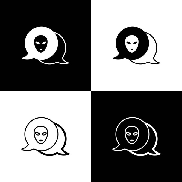 Установите значок Чужого изолированным на черно-белом фоне. Внеземное инопланетное лицо или символ головы. Вектор - Вектор,изображение