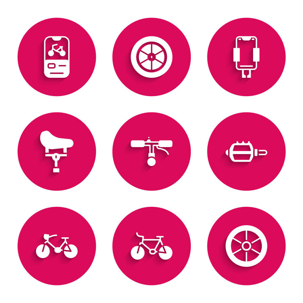 Definir guiador de bicicleta, roda, pedal, assento, suporte móvel e ícone de aplicativo móvel de aluguel. Vetor - Vetor, Imagem
