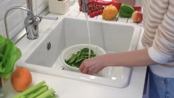 Vrouwelijke handen wassen spinazie in kom onder kraanwater. Tomaten, paprika 's, sinaasappels liggen op tafel. Lekker vers fruit en groenten vol vitaminen, gegeten voor de gezondheid, gewichtsverlies. Voedingsmiddelen voor detox, diëten - Video