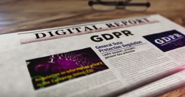 GDPR γενική ρύθμιση της προστασίας δεδομένων καθημερινή εφημερίδα στο τραπέζι. Τίτλοι ειδήσεων αφηρημένη έννοια 3d. - Πλάνα, βίντεο