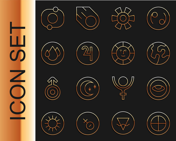 Stel lijn in Aardebol, Medaillon met oog, Zon, Symbool Jupiter, Waterdruppel, Zonnestelsel en icoon. Vector - Vector, afbeelding