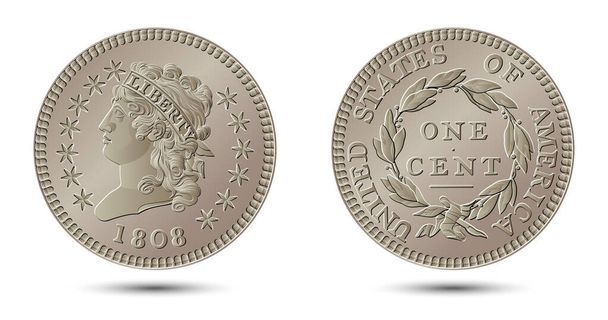 Vector de dinero americano, moneda de un centavo, 1808-1814. Cabeza clásica céntimo grande. Ilustración vectorial. - Vector, Imagen