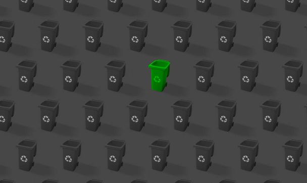 Uma lata de lixo verde está em meio a uma coleção de latas de lixo preto, criando um contraste entre as cores vibrante e neutra. - Foto, Imagem