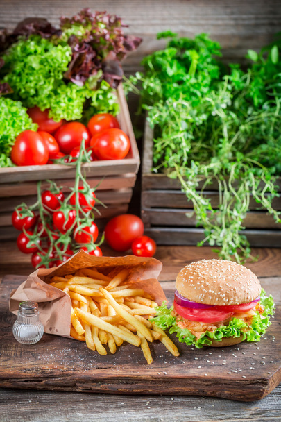 Delicious chicken burger with fries - Foto, afbeelding