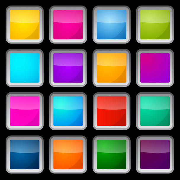 Colorful Vector Square Glass Buttons Set on Black Background - Vecteur, image