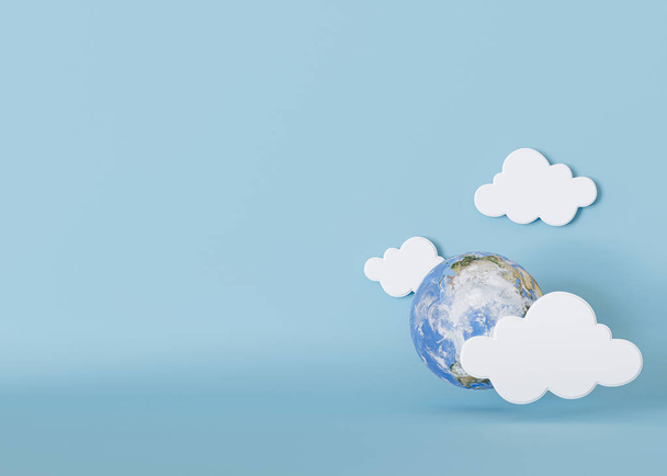 Minimalistyczna koncepcja Dnia Ziemi z realistycznym kulą ziemską z zabawnymi białymi chmurami na miękkim niebieskim tle, idealna dla eko-tematycznych reklam, z rozległą przestrzenią do kopiowania. Renderowanie 3D - Zdjęcie, obraz