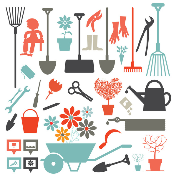 Vector Gardening Icons - Tools Set Isolated on White Background - Vektör, Görsel