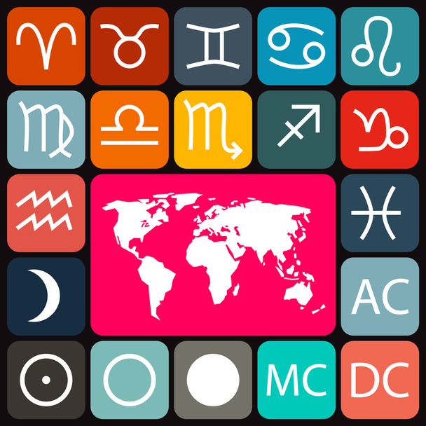Zodiac - Horoscoop afgerond vierkant Vector Icons Set en kaart van de wereld op donkere achtergrond - Vector, afbeelding