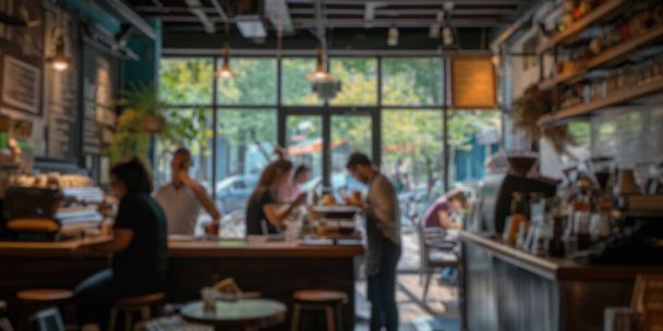 Θολή φόντο μιας πολυάσχολης καφετέριας με πελάτες που απολαμβάνουν τα ποτά τους και baristas crafting καφέ, δημιουργώντας ένα ζωντανό κοινοτικό χώρο. Λαμπρή. - Φωτογραφία, εικόνα