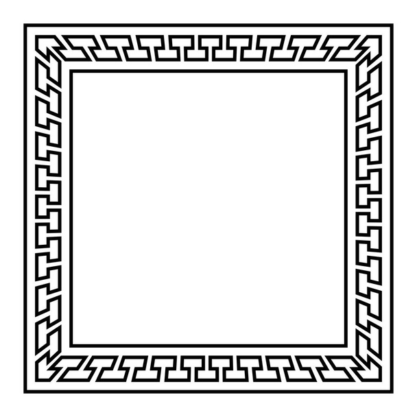 Square frame with seamless meander pattern and spatial effect. Decorative border, made of continuous lines, shaped into a repeated motif. Greek key or Greek fret. Isolated illustration over white. - Vector, Image