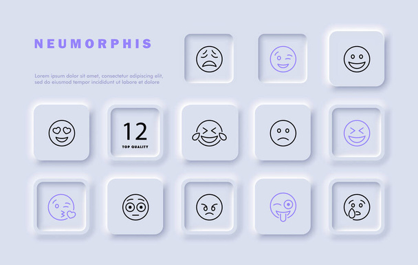 Emoji set line icon. Chatting, joy, surprise, smile, laughter, sadness, disgust. Neomorphism style. Vector line icon for business and advertising - Vector, Image