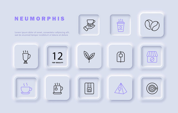 Coffee set line icon. Grains, cup, glass, drink, vigor, caffeine, tea, cafe, menu. Neomorphism style. Vector line icon for business and advertising - Vector, Image