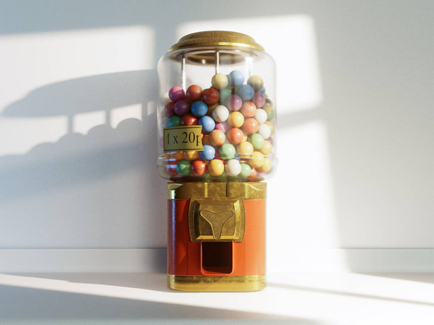 A red and brass vintage gumball dispensing machine filled with multicolored gumballs on an isolated white background - 3D render - Photo, Image