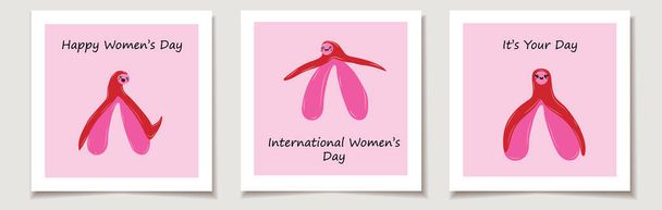 International Women's Day. A set of greeting cards with clitoris with kawaii eyes - Vector, Image
