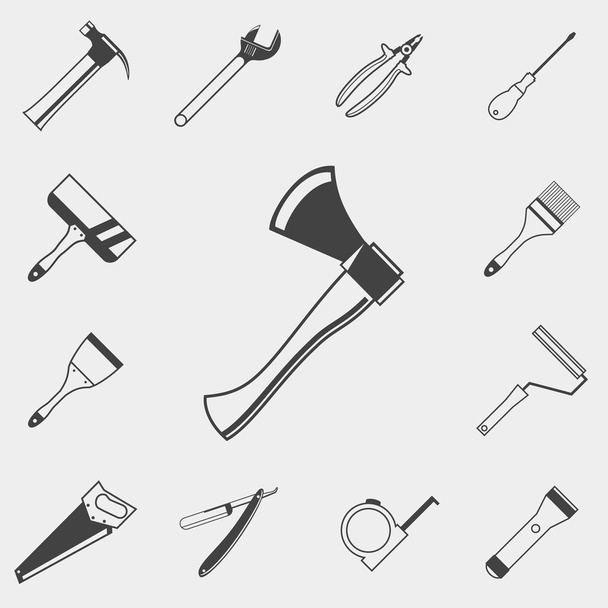 Építőipari eszközök monokróm ikonok gyűjteménye. Kalapács, csavarkulcs, csavarhúzó, fogó, axe, fűrész, ecset, roller, spatula, borotva, mérőszalag, zseblámpa. - Vektor, kép