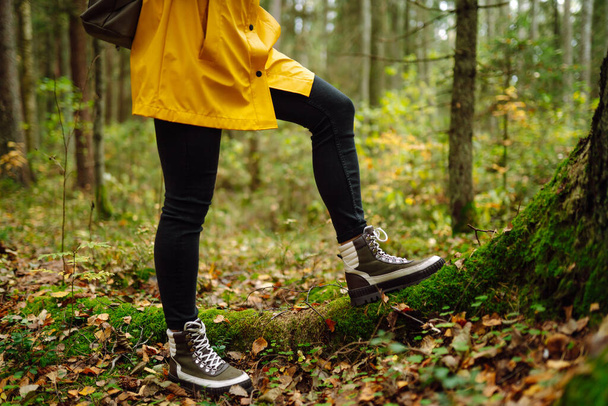 Pretty woman carrying a backpack in the forest  in the autumn season. Traveler enjoying nature. Concept of trekking, active lifestyle. Adventures. - Valokuva, kuva