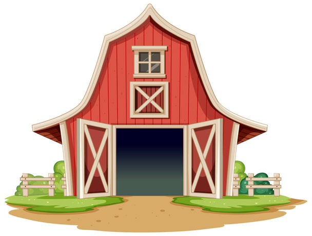 Cartoon-style red barn with open doors and fence. - Vector, Image