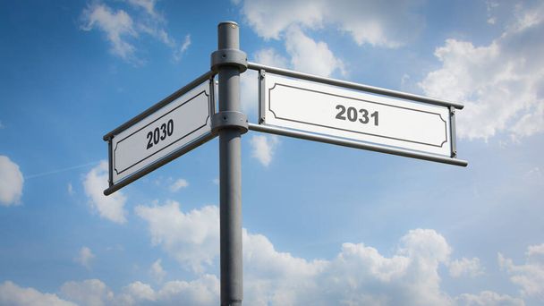 Une image avec un panneau pointant dans deux directions différentes en allemand. Une direction pointe vers 2031 l'autre pointe vers 2030 - Photo, image