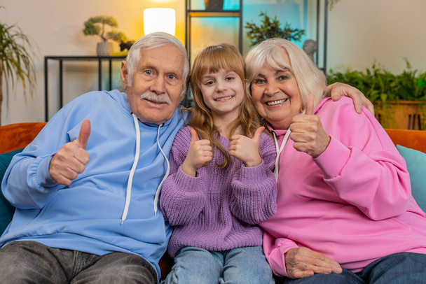 Na przykład. Szczęśliwy podekscytowany kaukascy dziadkowie i wnuczka patrząc w aparat i pokazując kciuki w górę znak pozytywnej dobrej wiadomości pozytywnej opinii. Wesoła rodzina siedzi na kanapie w salonie w domu. - Zdjęcie, obraz